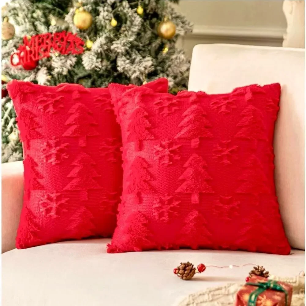 NWOT Red Christmas Tree and snowflake Faux Fur Tufted Pillow Covers 18x18 inches